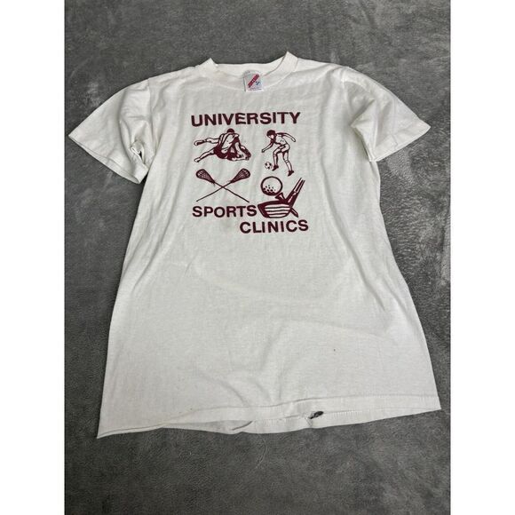 Vintage 80s University Sports Short Sleeve T Shirt Men's Size Small White - Picture 1 of 12